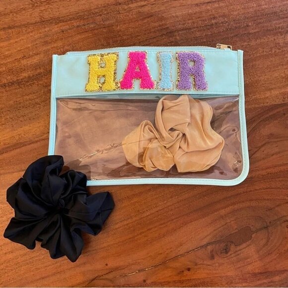 Clear Travel Pouch with Fuzzy Patch Letters 'HAIR' Teal Green - Bag Only - Picture 8 of 11